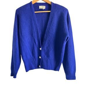 Vintage Yarn Works Size Large Lambswool Angora Blend‎ Blue V Neck Cardigan